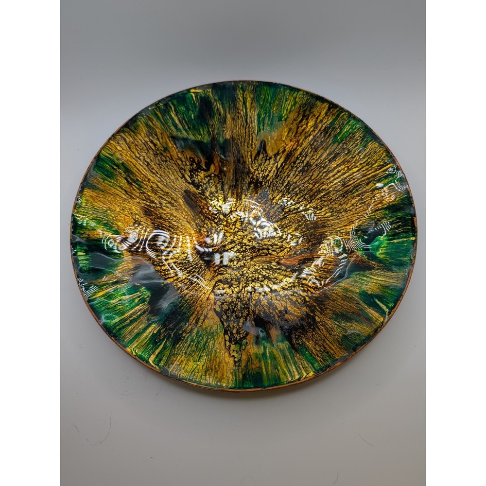 Vtg Mid Century Modern Abstract Painted Glass Yellow Green Art Bowl Dish 12" MCM